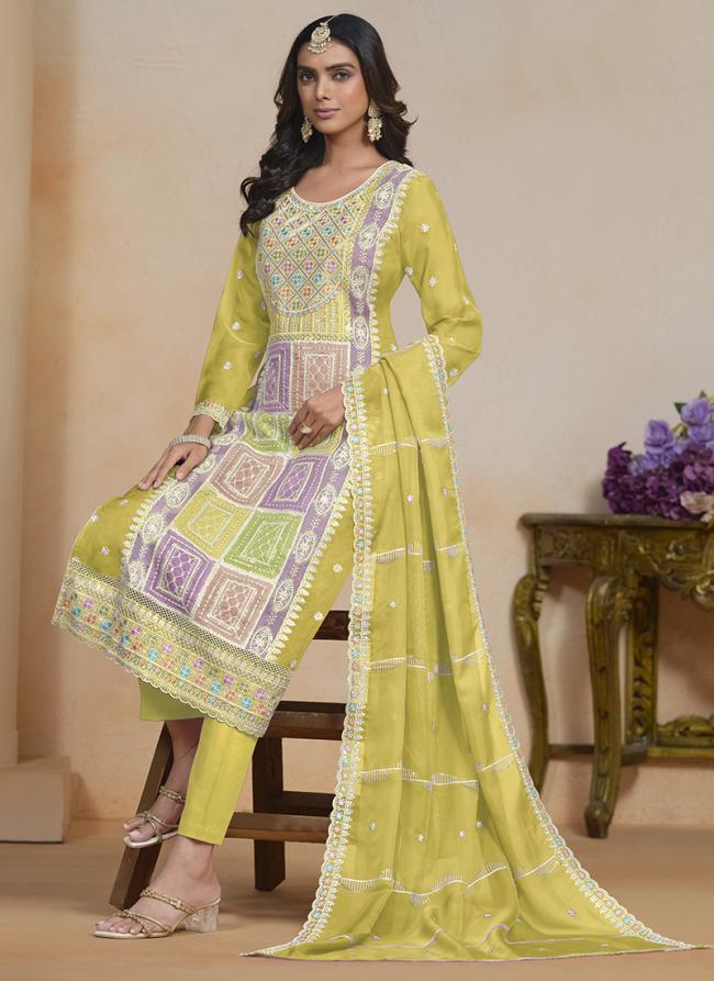 Soft Organza Yellow Festival Wear Embroidery Work Straight Suit